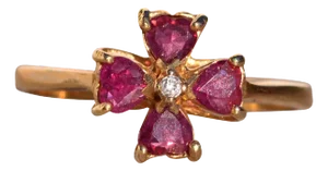 Diez Calle: Heart Shaped Ruby and Natural Diamond Four Leaf Clover Ring in Yellow Gold