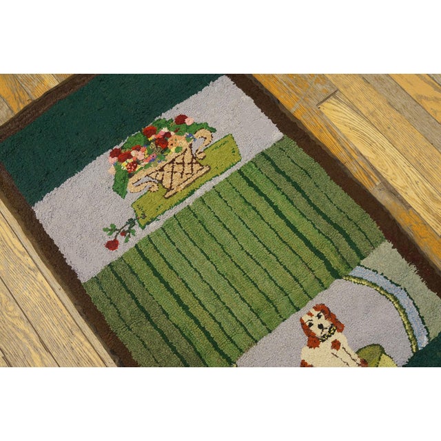 Textile 1950s Green Scene Pictorial Vintage American Hooked Rug 1'8" X 4' Handknotted Wool Carpet For Sale - Image 7 of 9