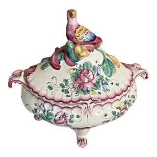 Vintage Handpainted French Old Strassbourg Style Faience Vegetable Tureen For Sale