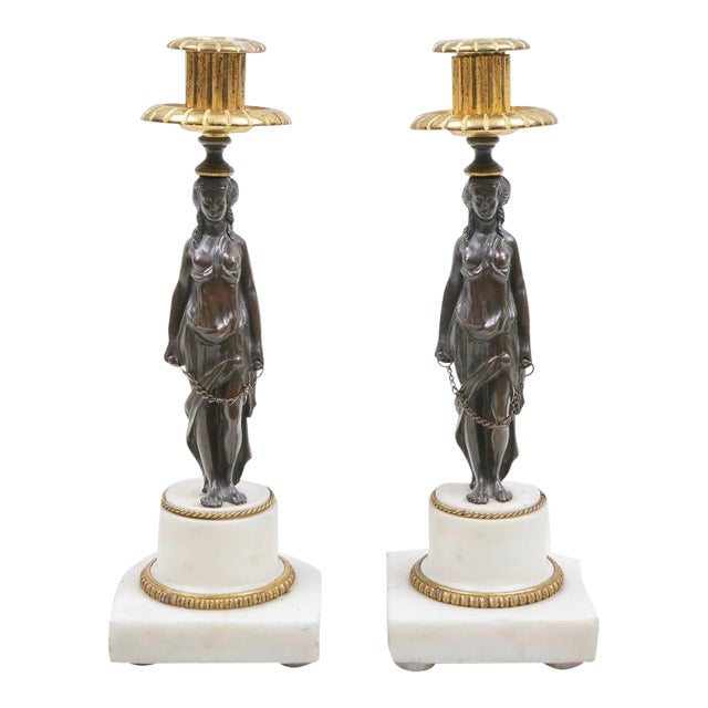 Pair of Napoleon III Gilt / Patinated-Bronze & Marble Caryatid Candlesticks For Sale