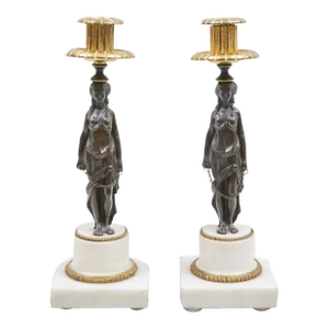 Pair of Napoleon III Gilt / Patinated-Bronze & Marble Caryatid Candlesticks