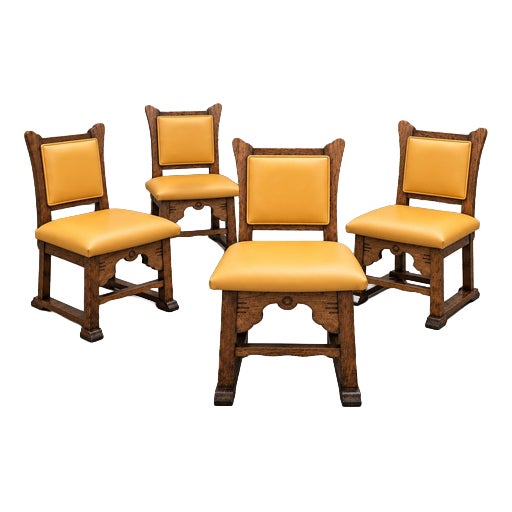 Brutalist Oak Dining Chairs with Leather Seats, 1960s, Set of 4 For Sale