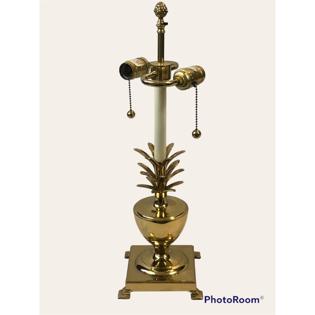 Vintage Polished Solid Brass Pineapple Lamp, circa 1980’s. Photos are of actual light. Editing was used to remove the...