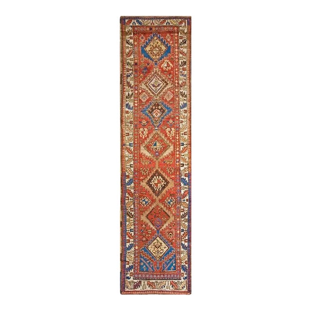 1930s Antique Kurdish Diamond Classic Tribal Coral Hallway Runner Rug For Sale