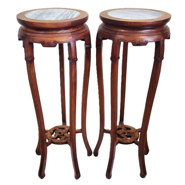 Pair Vintage Chinese Bamboo Carved Hardwood & Marble Top Plant Stand Pedestals For Sale - Image 11 of 18