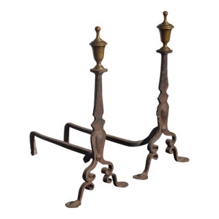 Pair Antique Hand Forged Wrought Iron Andirons W Brass Finials For Sale