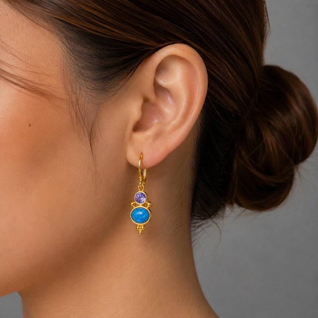 14K Yellow Gold Blue Opal Tanzanite Dangle Drop Designer Earrings. This elegant pair features 2 natural blue opals total 1...