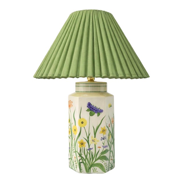 1970's Botanical Hexagonal Table Lamp Cottage Style For Sale