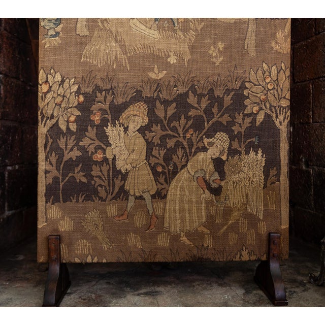 Wood Upholstered English Arts and Crafts Firescreen With Medieval Harvest Scene For Sale - Image 7 of 14