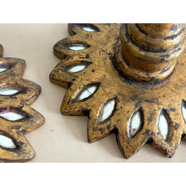 Spanish Florentine Candlesticks - Mirrored Wood, Gilt Gold, Vintage Candle Holders For Sale - Image 9 of 10