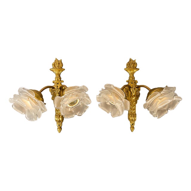 Vintage French Ornate Glass Double Arm Wall Sconces, Set of 2 For Sale