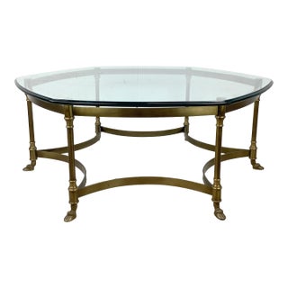1960s Neoclassical Brass and Glass Hoof Foot Coffee Table in the Style of La Barge For Sale