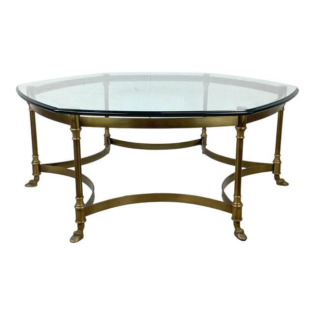 1960s Neoclassical Brass and Glass Hoof Foot Coffee Table in the Style of La Barge For Sale