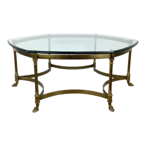 1960s Neoclassical Brass and Glass Hoof Foot Coffee Table in the Style of La Barge