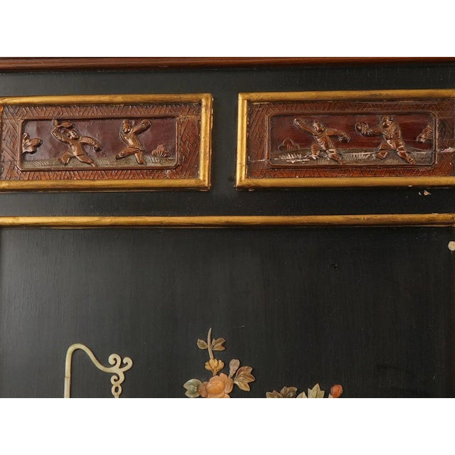 Pair of Vintage Chinese Black Lacquer Wall Panels With Jade Hardstone For Sale In New York - Image 6 of 8