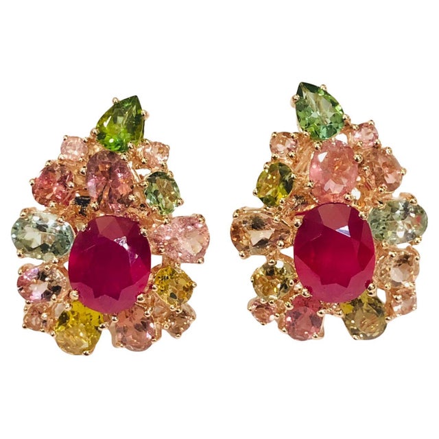 Bochic "Orient" Ruby & Multi Color Tourmalines Earrings Set 18K Gold & Silver For Sale - Image 15 of 18