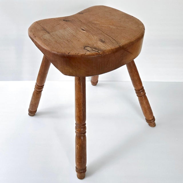 Mid-Century Modern Superb Vintage Brutalist Stool 1950 in Oak, 4 Legs, 50s For Sale - Image 3 of 12