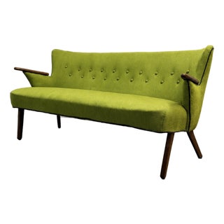 Vintage Danish Wingback Sofa With Teak Arms in the Manner of Kurt Olsen, Reupholstery Included For Sale