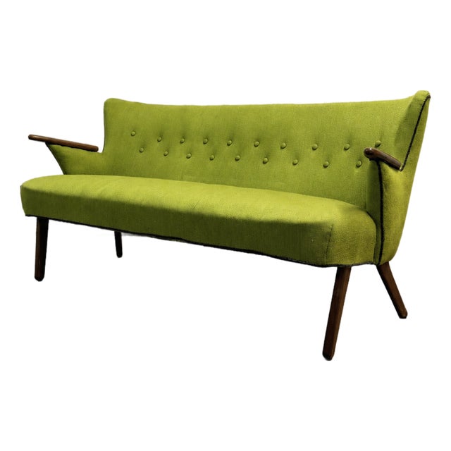 Vintage Danish Wingback Sofa With Teak Arms in the Manner of Kurt Olsen, Reupholstery Included For Sale