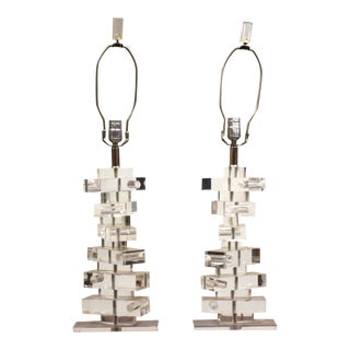 1970s Stacked Lucite Table Lamps - a Pair For Sale