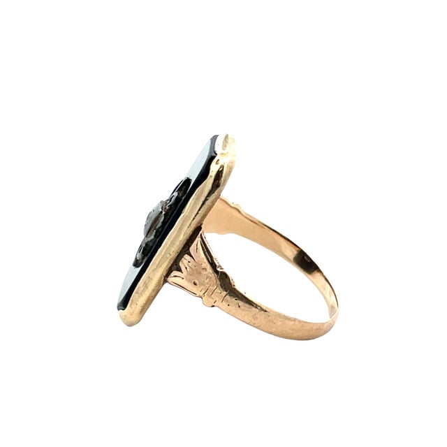 Metal Vintage Solid Yellow Gold Onyx & Natural Diamond Ring, Size 6.5 For Sale - Image 7 of 8