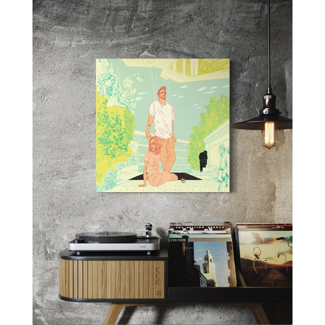 Music Garden depicts a standing male figure and a seated female figure within a layered garden setting, surrounded by...