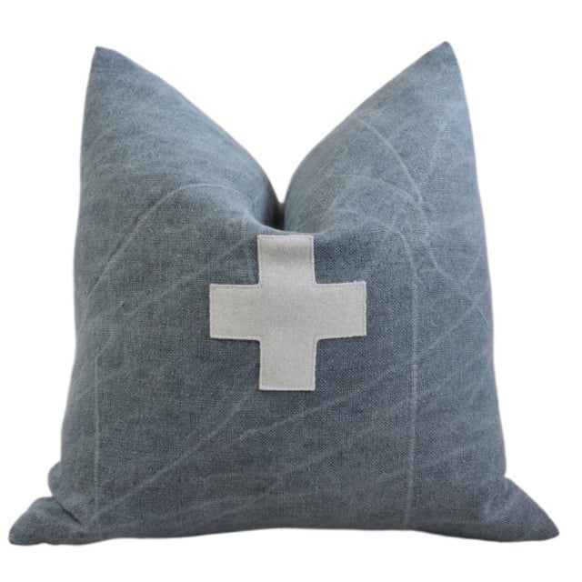 French Blue and Cream Appliqué Cross Wool & Linen Feather/Down Pillow For Sale In Los Angeles - Image 6 of 6