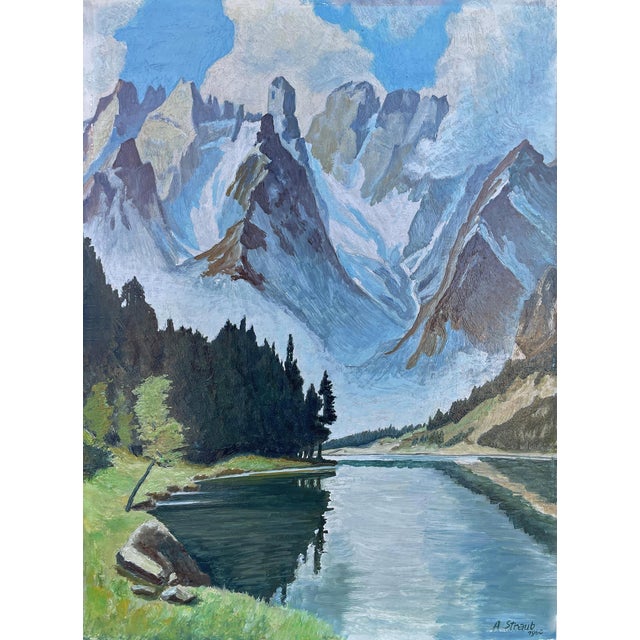 Blue Mount Cristallo and Landro Lake, Oil Painting, 1950s For Sale - Image 8 of 14