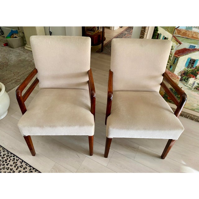 1940s 1940s Pair of Art Deco Mahogany Upholstered Chairs With Mahogany Wood Double Arms For Sale - Image 5 of 7