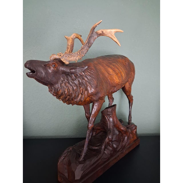 Antique Black Forest Glass and Carved Wood Sculpture of a Roaring Stag, 1950s For Sale - Image 6 of 10