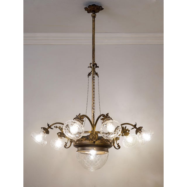Vintage Art Nouveau Chandelier in Brass and Cut Glass, Italy, 1920s For Sale - Image 14 of 14