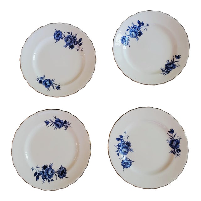 Vintage Elizabethan Bread or Dessert Plate, Fine Bone China by Taylor & Kent England, Blue Roses and White English Porcelain Dishes, 7", Set of 4 For Sale
