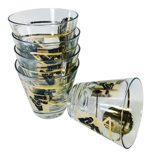 Vintage 1950s-60s Mid-Century Modern Gilded Printing Advertising Guild Martini Glass Barware - Set of 5