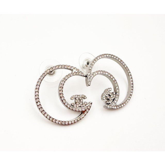 Contemporary Chanel Silver CC Half Moon Crystal Piercing Earrings, A Pair For Sale - Image 3 of 4