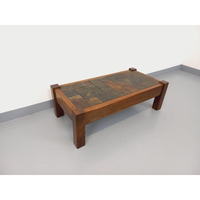 Tan Vintage Brutalist Coffee Table in Oak and Slate, 1960s For Sale - Image 8 of 16