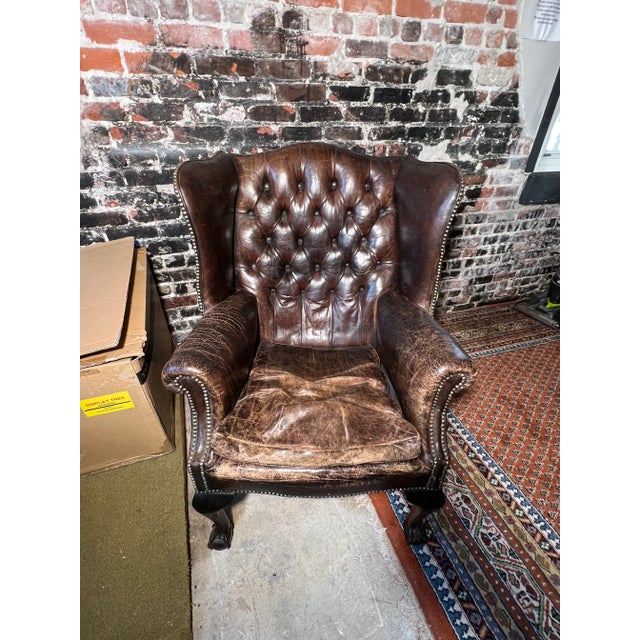 Animal Skin Antique English Leather Chesterfield Wingback Chair For Sale - Image 7 of 12