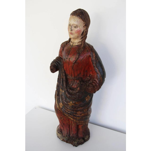 16th Century Indo-Portuguese Saint Barbara, Hand Carved Polychrome Wooden Statue For Sale - Image 6 of 13