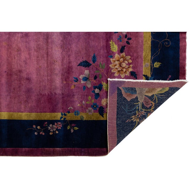 Art Deco 1920s Antique Chinese Art Deco Rug With Floral Branches in Magenta and Navy Blue For Sale - Image 3 of 13
