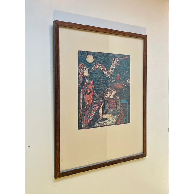 Seppo Mattinen, Naive Lithographic Woodcut in Colors, 1970s For Sale - Image 4 of 8