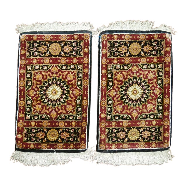 Early 20th Century Pair of Persian Silk Mats rug no. r4893 For Sale