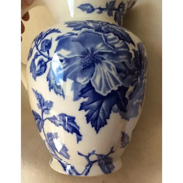 Antique C1888 Victorian, Aesthetic Transferware Water Pitcher, Althea, Blue Flowers For Sale - Image 4 of 9