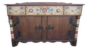 1930s Monterey Floral Decorated Crackle Front Sideboard, Branded