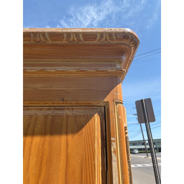 1970s Rustic Scrubbed Pine Hand Carved French Country Armoire For Sale - Image 5 of 12