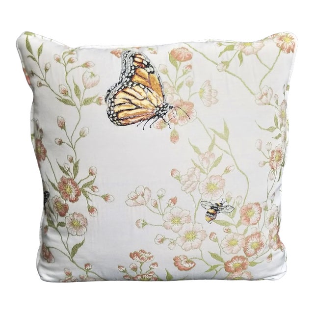 Custom Made Embroidered Butterfly Bumblebee Floral Brocade Cotton & Down Throw Pillow For Sale