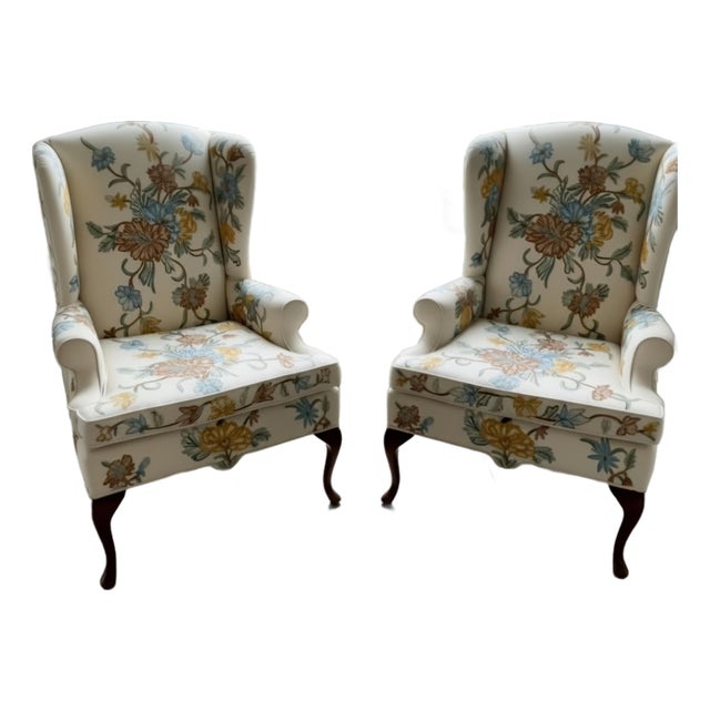 Vintage Fairfield Chair Co. Crewel Embroidered Wingback Chairs – Matching Pair For Sale