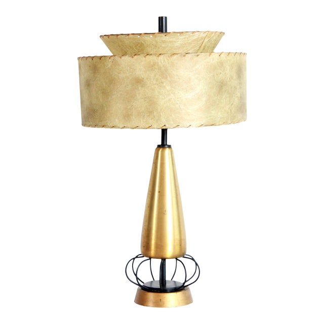 Mid Century Modern Brushed Brass & Iron Table Lamp W/ Fiberglass Shade