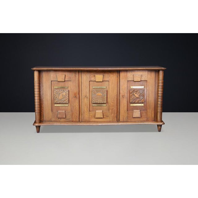 French Art Deco Oak and Brass Sideboard with Carved Reliefs, 1930s For Sale - Image 15 of 18