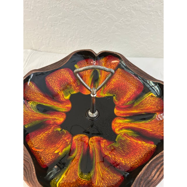 Cool mid-century silver metal handled bowl in California Pottery's "Sequoia Ware" pattern. Vibrant red, orange and yellows...
