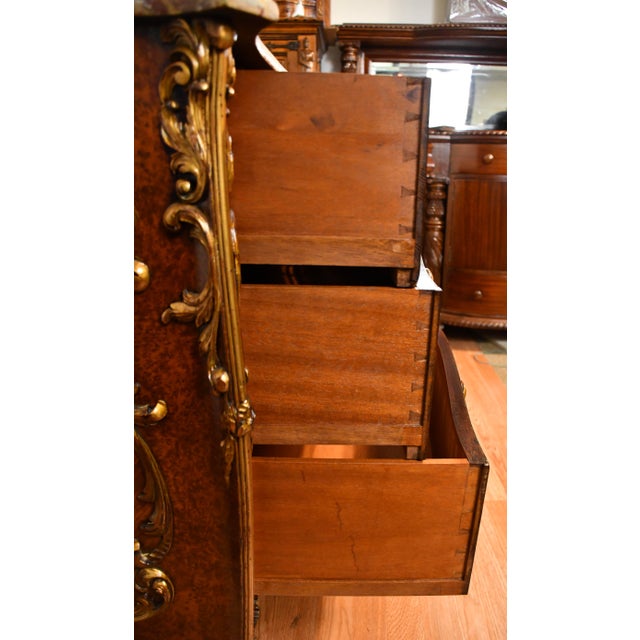 1880 Antique French Louis XV Burl Walnut & Walnut Marble Top Commode / Dresser For Sale - Image 14 of 18