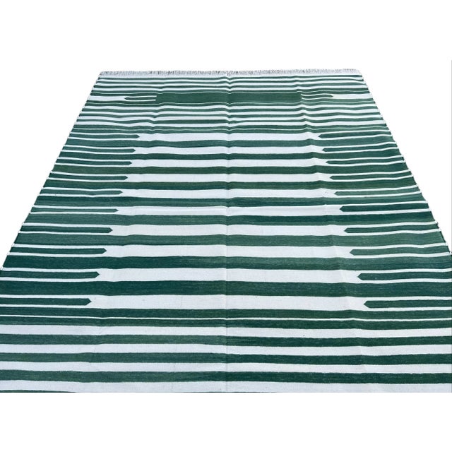 Forest Green Not Yet Made - Made To Order Handmade Cotton Natural Vegetable Dyed Reversible Forest Green White Striped Rug Dhurrie - 8'x10' For Sale - Image 8 of 11